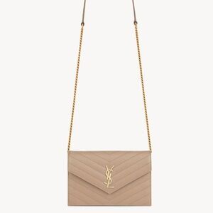 Beige Saint Laurent Classic Small Chain Wallet in Grain De Poudre Leather